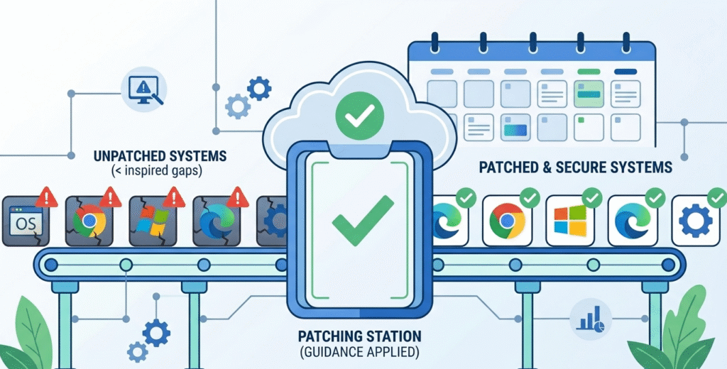Illustration of a patching station conveyor belt applying types security remediation recommendations to software.
