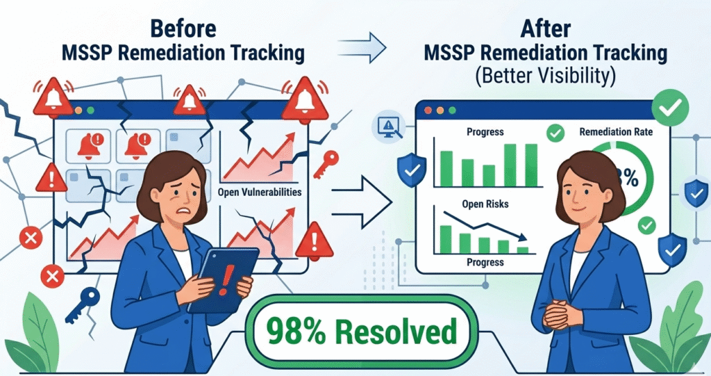 Before and after chart showing improved visibility and a 98% resolution of types security remediation recommendations.