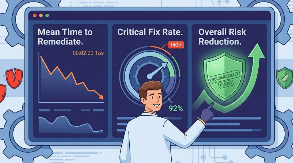 Dashboard tracking metrics after prioritizing vulnerability remediation steps, showing risk reduction and fix rates.