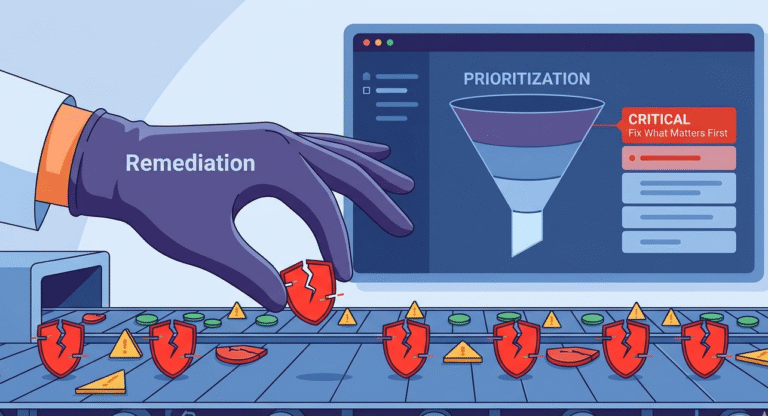 Illustration of a hand prioritizing vulnerability remediation steps by plucking critical risks from a conveyor belt.