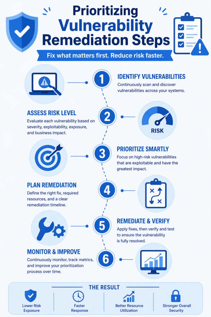 Infographic outlining the six key prioritizing vulnerability remediation steps for a stronger security posture.