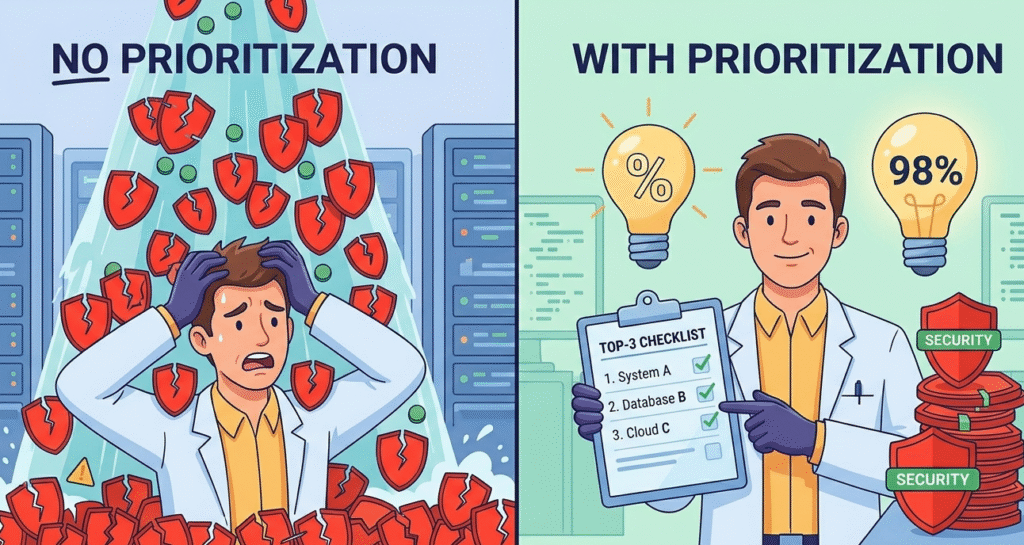 A split-screen showing how prioritizing vulnerability remediation steps reduces stress and increases efficiency.