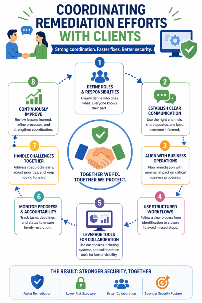 Process flowchart for coordinating remediation efforts with clients, showing 8 steps for stronger security.