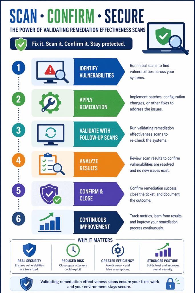 Infographic of the six-step workflow for validating remediation effectiveness scans to ensure system security.