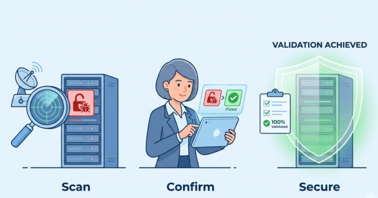 Continuous improvement cycle for validating remediation effectiveness scans showing re-scan and analysis phases.