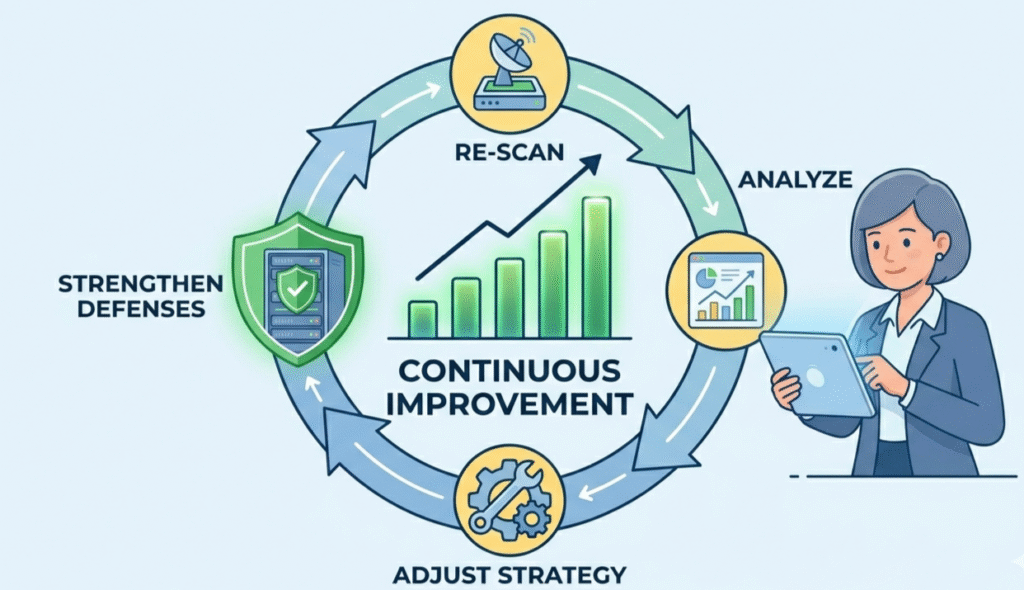 A three-step process of scan, confirm, and secure for validating remediation effectiveness scans.