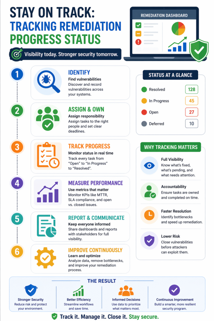 Infographic showing a 6-step cycle for tracking remediation progress status from identification to improvement.
