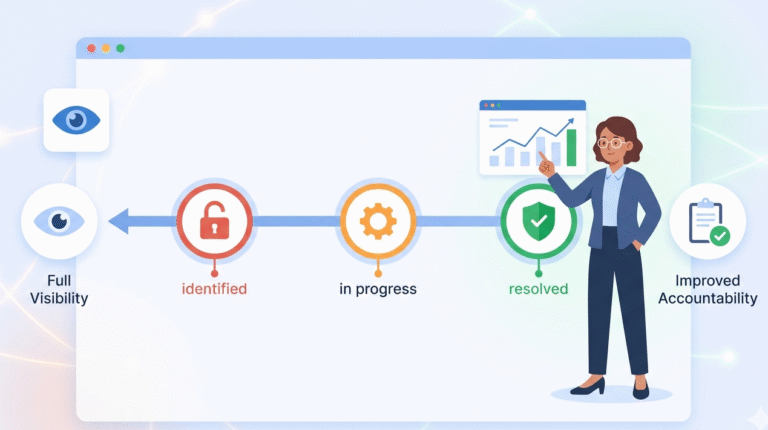 Vector graphic of a professional reviewing a dashboard for tracking remediation progress status and visibility.