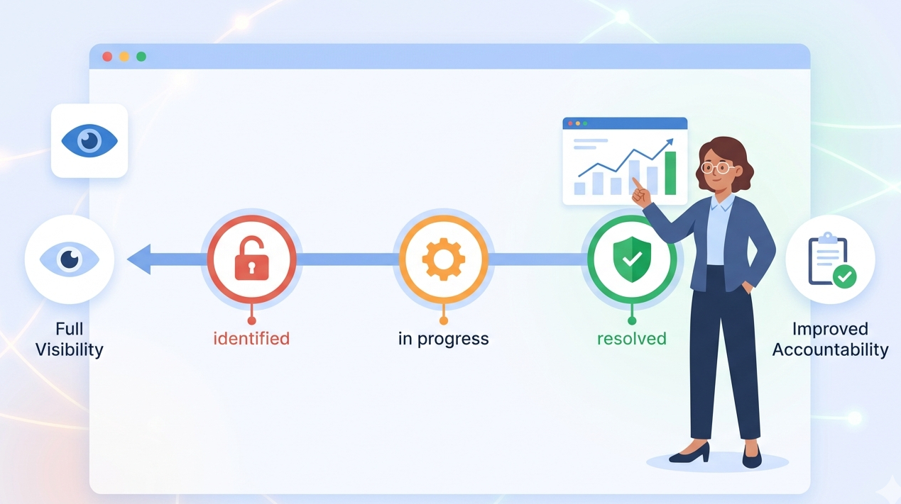 Vector graphic of a professional reviewing a dashboard for tracking remediation progress status and visibility.
