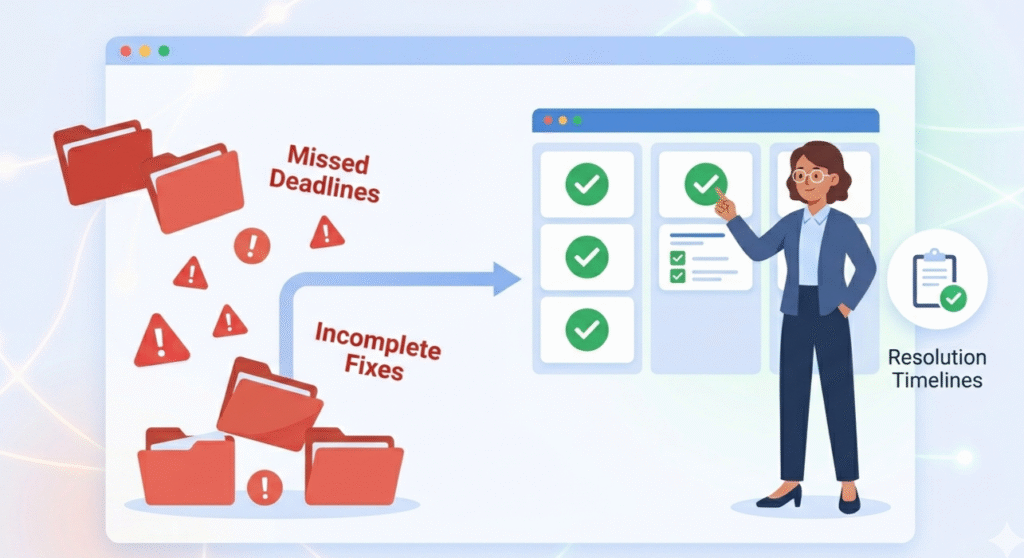 Flat illustration showing a professional organizing folders to improve tracking remediation progress status.