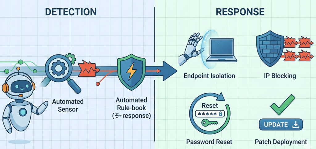 Diagram of detection and response phases within automated remediation actions MSSP for rapid threat containment. 