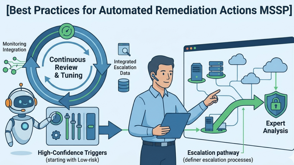 Vector illustration of best practices for automated remediation actions MSSP featuring human-AI collaboration. 
