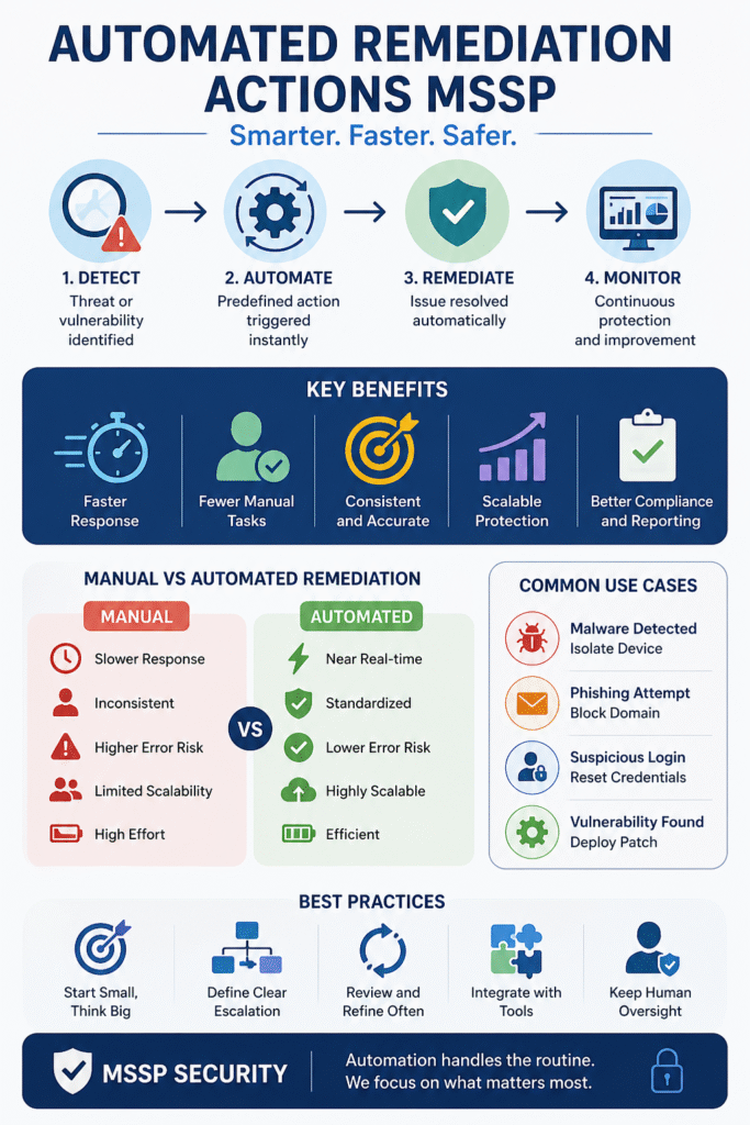 Infographic showing the workflow and benefits of automated remediation actions MSSP for smarter, safer security. 