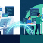 Security expert communicating remediation requirements clearly to a developer team via a glowing digital bridge. 