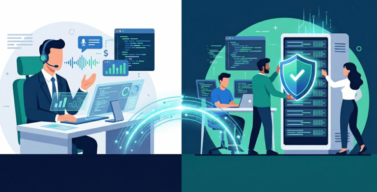 Security expert communicating remediation requirements clearly to a developer team via a glowing digital bridge. 