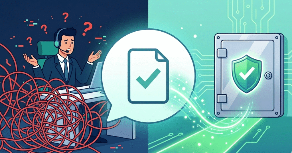 Illustration showing how communicating remediation requirements clearly turns tangled chaos into organized security. 