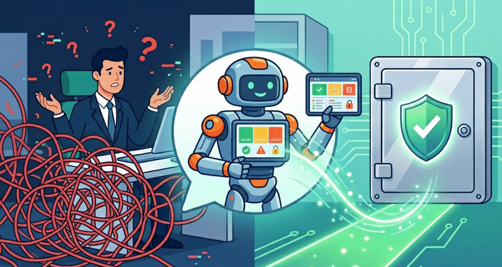 A robot assistant and business leader communicating remediation requirements clearly using a digital dashboard. 