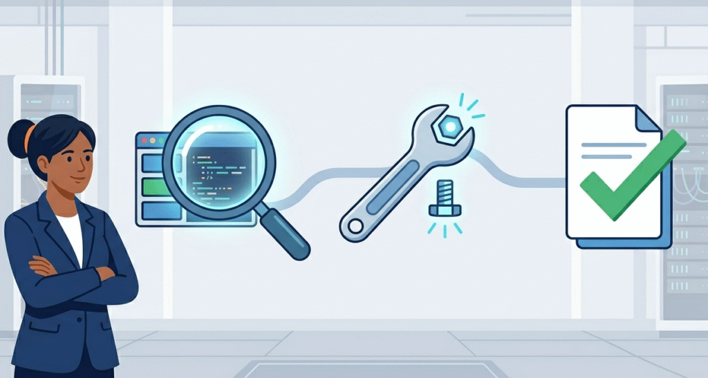 2D vector icons showing the logical steps of post incident remediation activities in a sequence. 