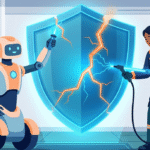 Team and robot performing post incident remediation activities by mending a digital security shield. 