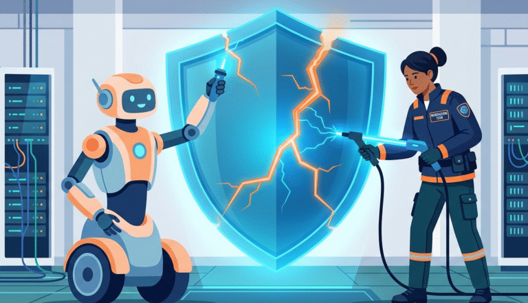 Team and robot performing post incident remediation activities by mending a digital security shield. 
