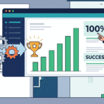 Analyst pointing to a 100% success dashboard, measuring remediation success metrics in a modern vector office. 