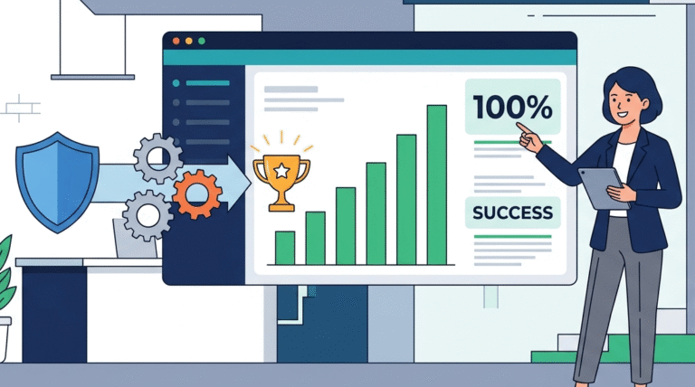Analyst pointing to a 100% success dashboard, measuring remediation success metrics in a modern vector office. 