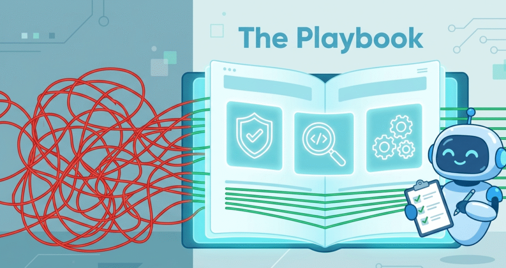 A digital manual showing ransomware response playbook steps, transforming chaotic red wires into organized green lines.