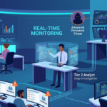Modern SOC tiered hierarchy showing Tier 1, 2, and 3 Security Analyst Roles Expertise in a digital control room. 