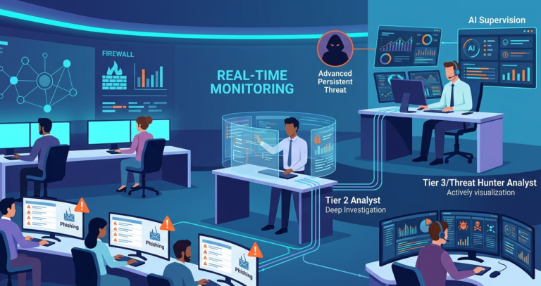 Modern SOC tiered hierarchy showing Tier 1, 2, and 3 Security Analyst Roles Expertise in a digital control room. 