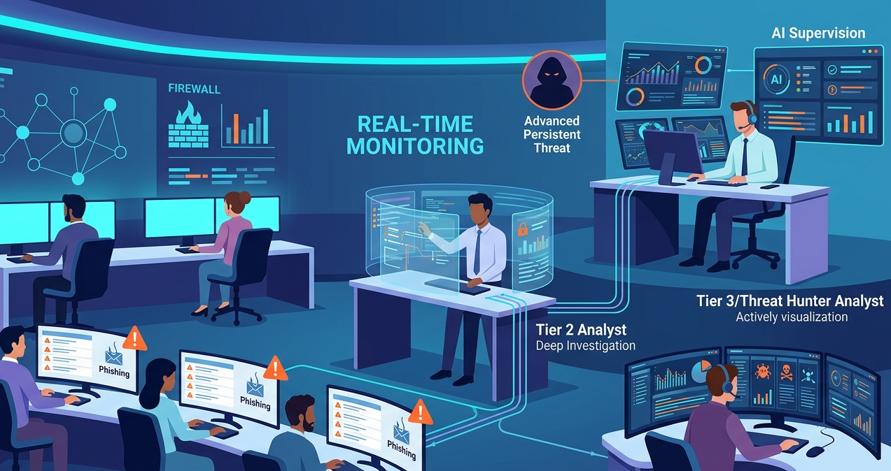 Modern SOC tiered hierarchy showing Tier 1, 2, and 3 Security Analyst Roles Expertise in a digital control room.