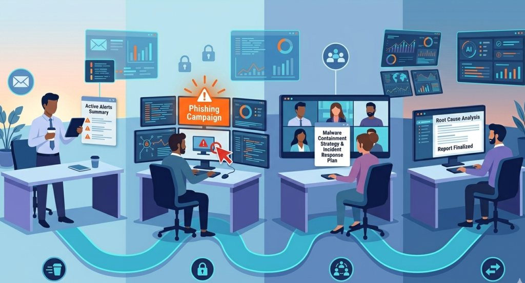 Illustrating a day in the life and Security Analyst Roles Expertise from shift start to root cause analysis.