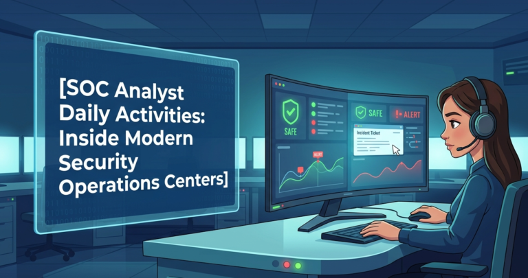 Professional workstation showing SOC analyst daily activities like real-time monitoring and incident ticketing. 