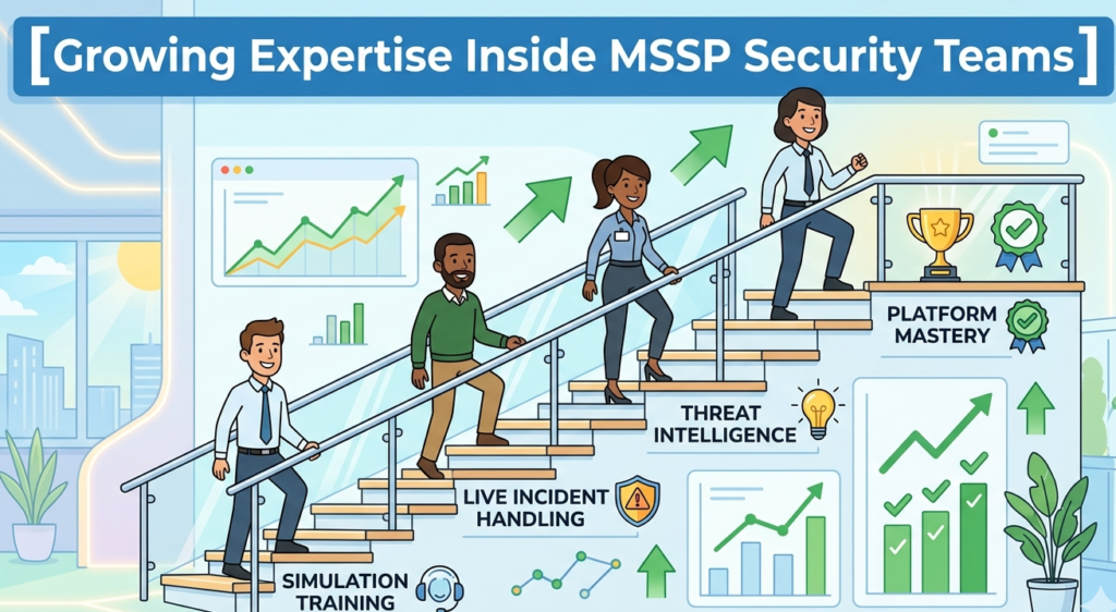 Illustration of career growth in SOC analyst daily activities, from simulation training to platform mastery. 
