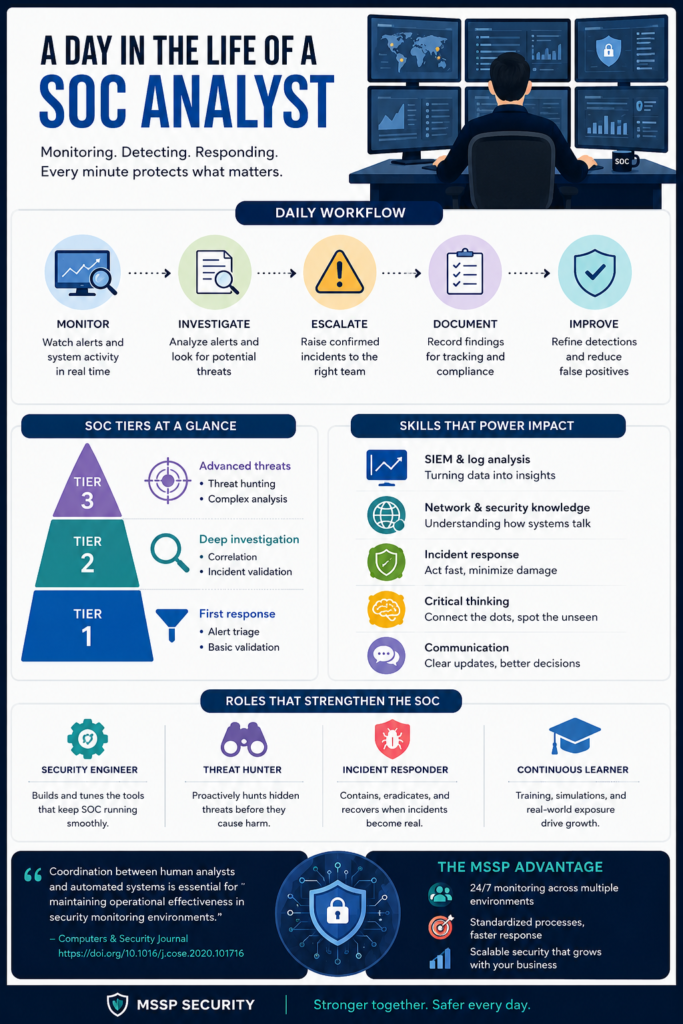 Infographic detailing SOC analyst daily activities, including monitoring, investigation, and incident response tiers. 