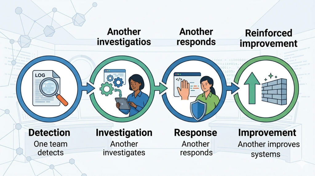 A circular workflow diagram depicting the collaborative process of critical roles within security operations center to stop threats. 
