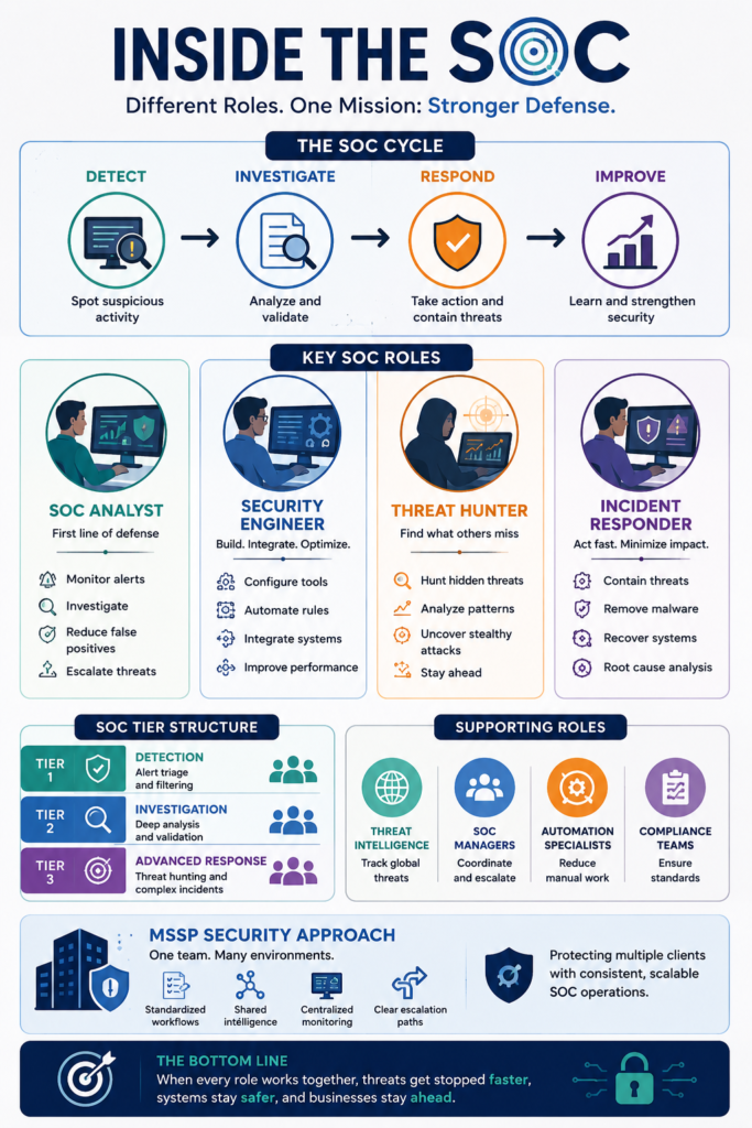 A complex diagram illustrating roles within security operations center, including analysts, engineers, and threat hunters. 