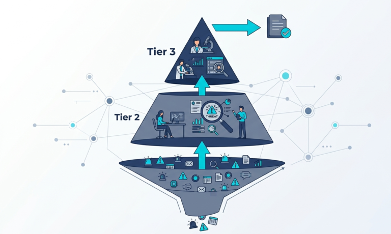 Circular flowchart mapping SOC analyst tier 1 2 3 responsibilities in a collaborative MSSP environment.