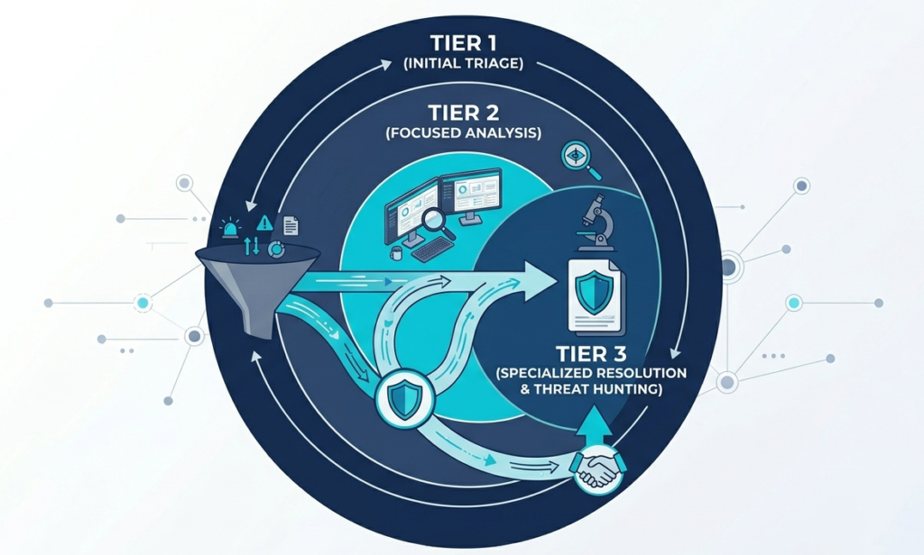 Funnel diagram showing SOC analyst tier 1 2 3 responsibilities for threat triage and escalation. 