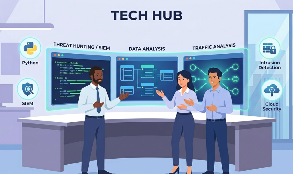 A diverse team in a tech hub discussing technical skills needed security analyst teams expect for data analysis. 