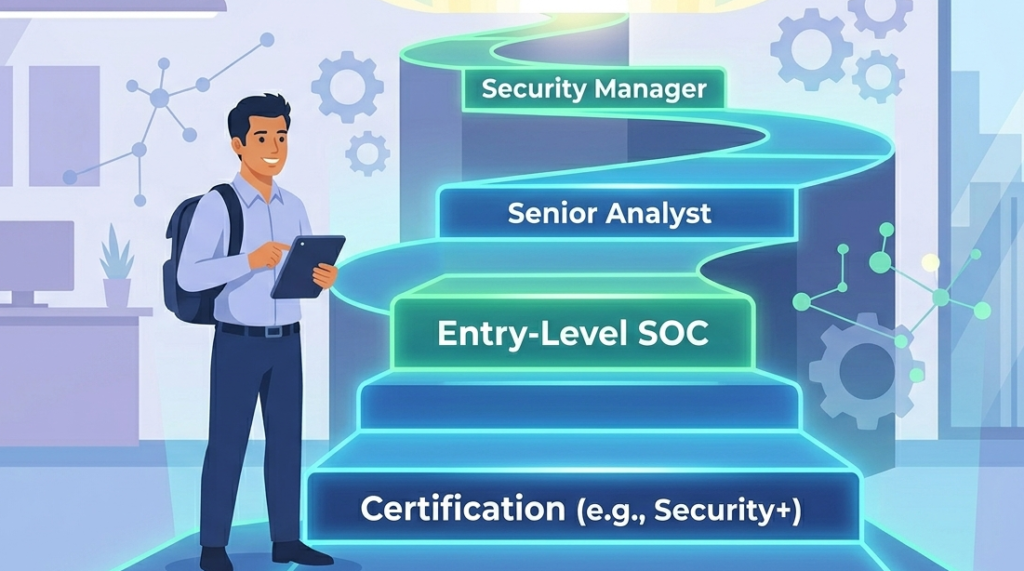 A career roadmap showing steps like certifications to build the skills needed security analyst professional growth. 