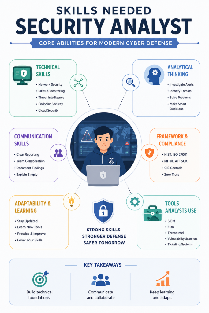 Comprehensive infographic detailing technical and communication skills needed security analyst roles today. 