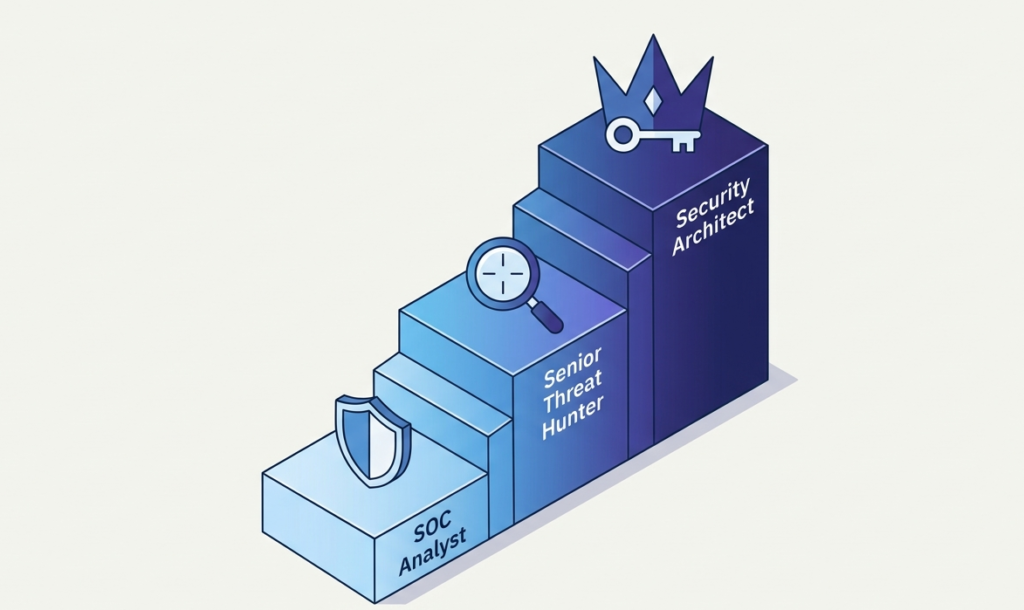 Isometric staircase showing a threat hunter role description career path from SOC Analyst to Architect.