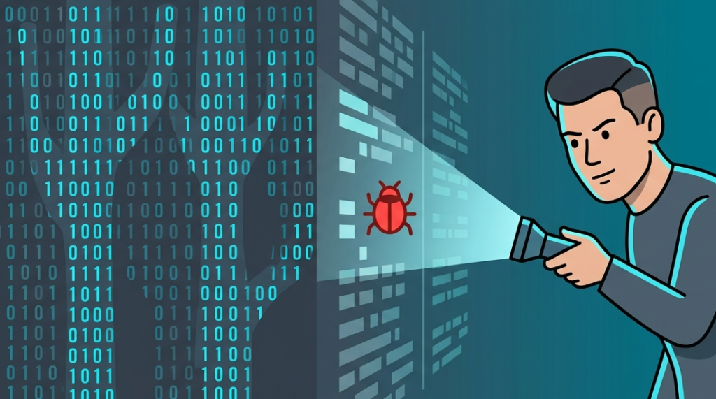 Threat hunter role description visual of an expert using a flashlight to find a hidden bug in binary code.