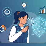 A threat hunter role description illustration showing an expert analyzing a digital shield with skill icons. 