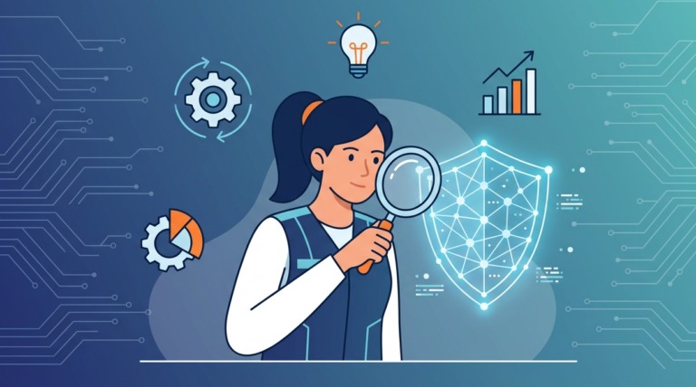 A threat hunter role description illustration showing an expert analyzing a digital shield with skill icons.