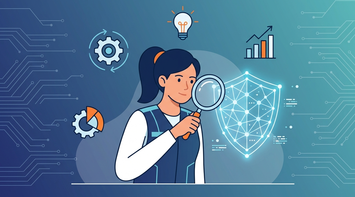 A threat hunter role description illustration showing an expert analyzing a digital shield with skill icons. 
