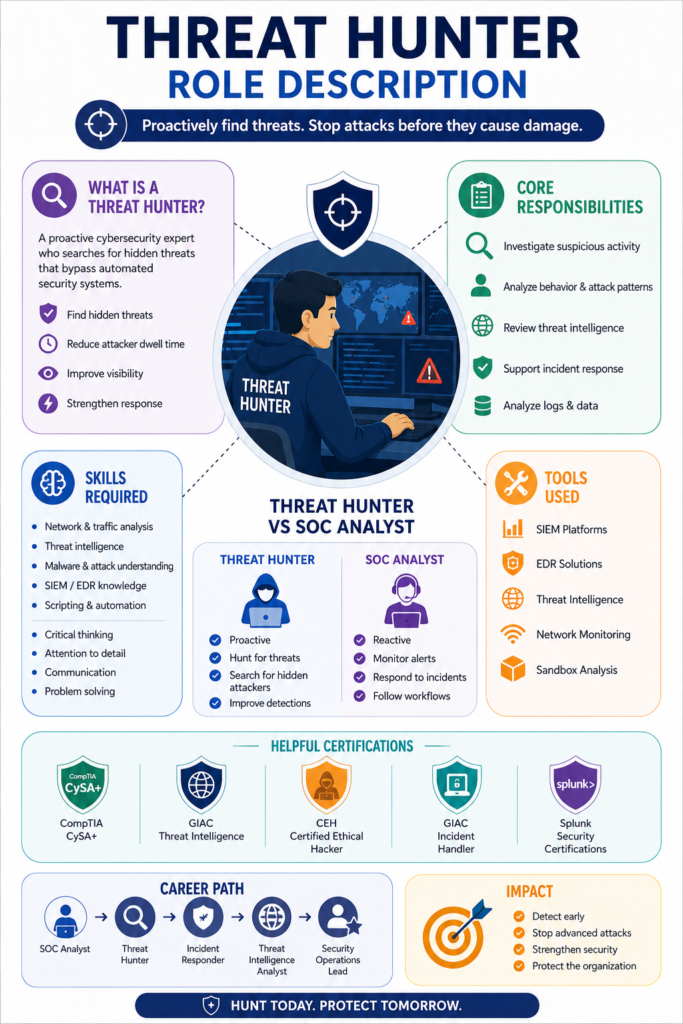 Detailed threat hunter role description infographic covering core responsibilities, skills, and tools.