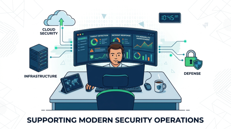 Security engineer SOC responsibilities shown via professional at a command center managing cloud and infrastructure.
