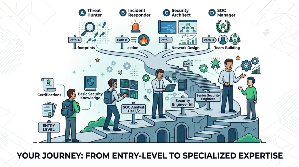 Career path for security engineer SOC responsibilities, from entry-level analyst to advanced security architect roles.