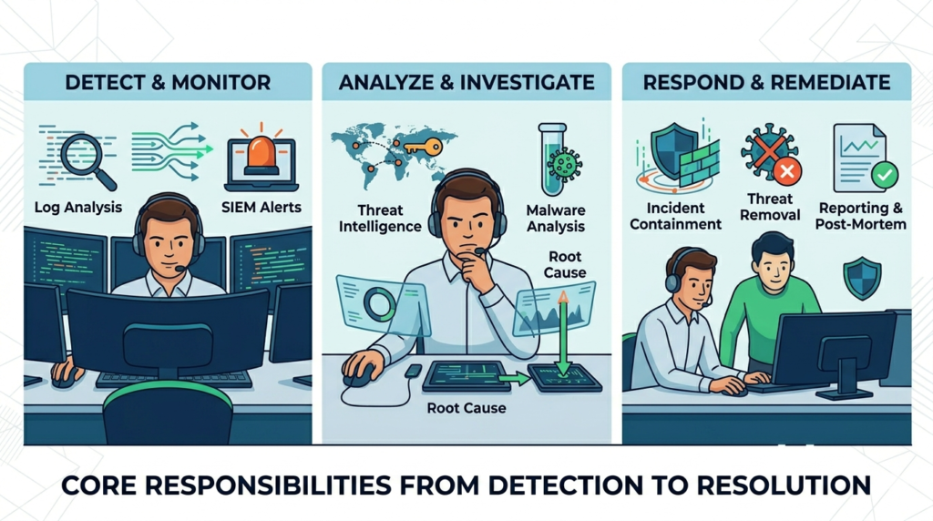 Security engineer SOC responsibilities depicted through a workflow of detection, investigation, and incident response.